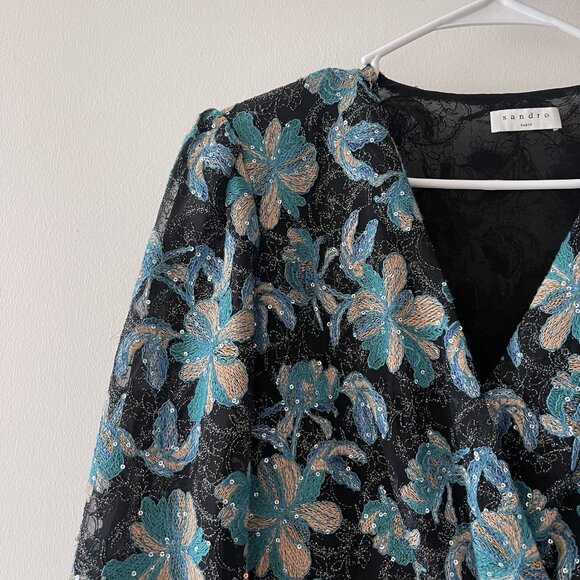 SANDRO Dress Sequins blue Flowers Sz 40 Gold - Picture 8 of 13